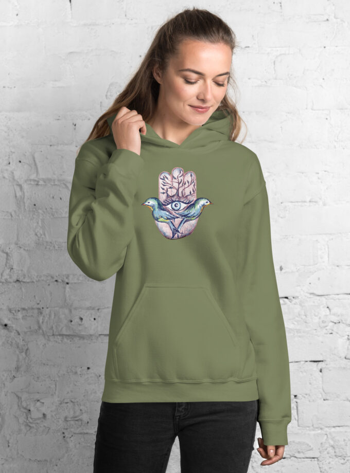 Hand Illustrated Spiritual Hamsa Drawstring-Free Hoodie