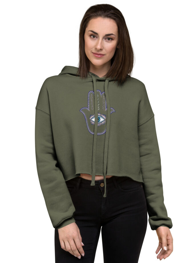 Hand Illustrated Olive Branch Hamsa Crop Hoodie